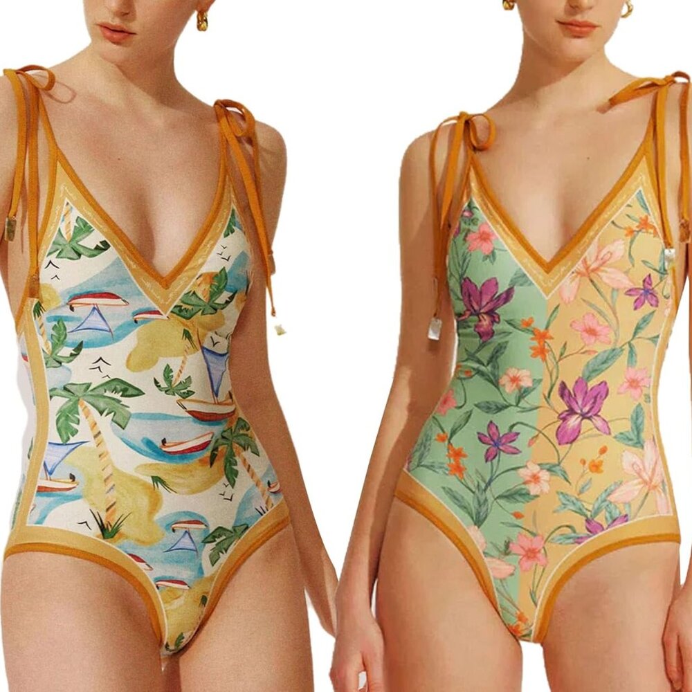 Visual Mood Floral & Tropical One-Piece Reversible Swimsuit with Tie Straps
